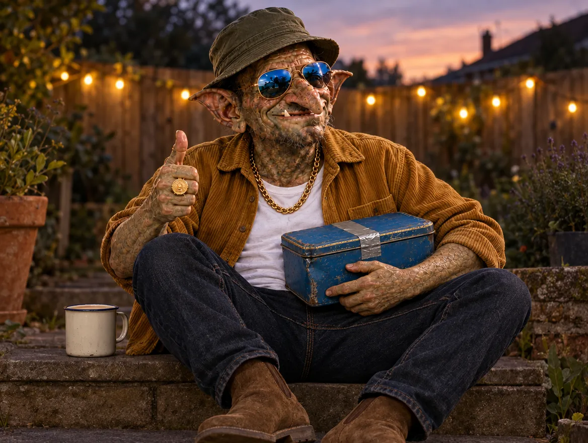 The gaffer, a goblin in a corduroy jacket, giving a thumbs up with his battered blue biscuit tin on his knee