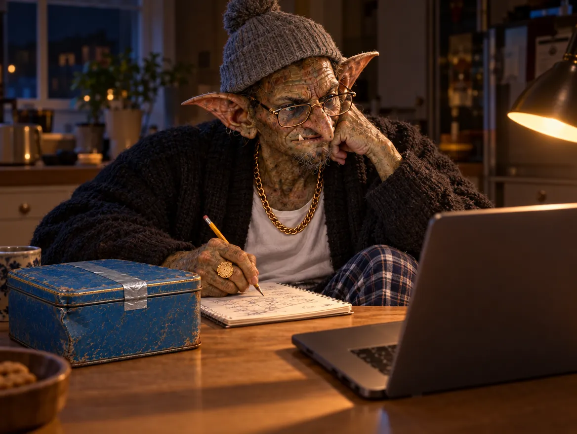 The gaffer working late at a laptop with a notepad full of numbers, the blue tin beside him